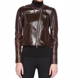 THEORY Shezi Polished Moto Lambskin Leather Jacket Brown - Sz XS